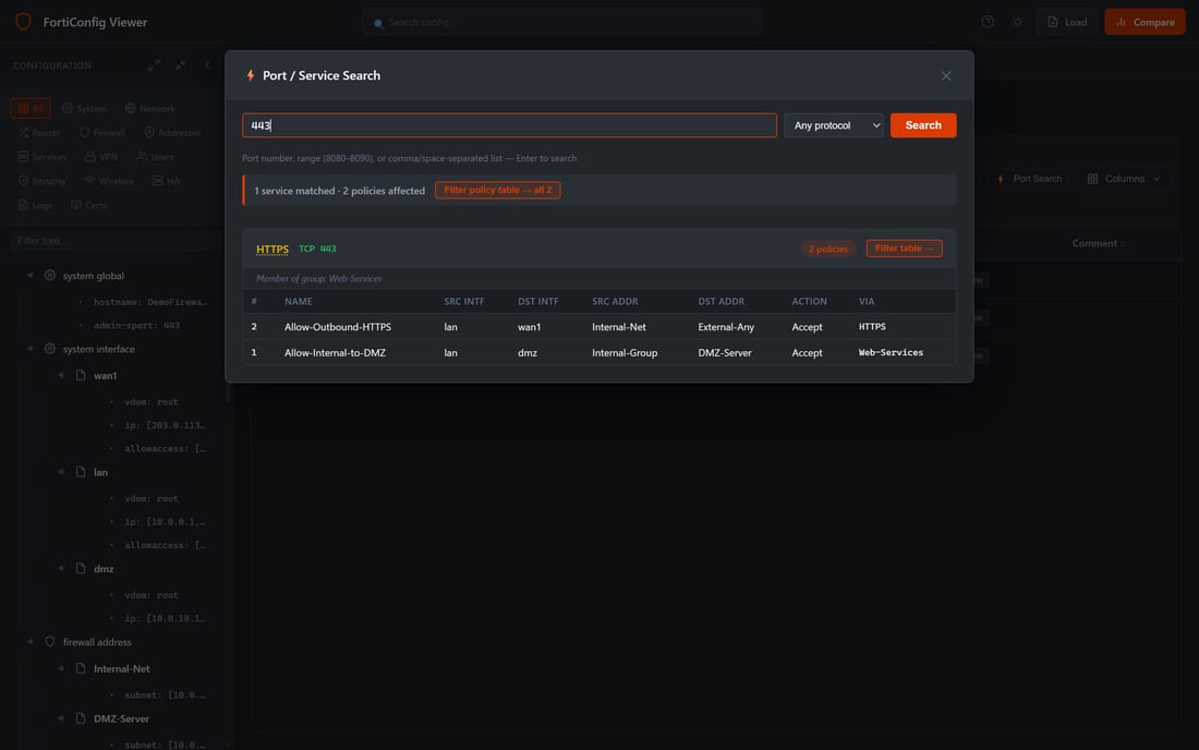 Port Search modal for port 443, showing the matching HTTPS service and two policies that use it