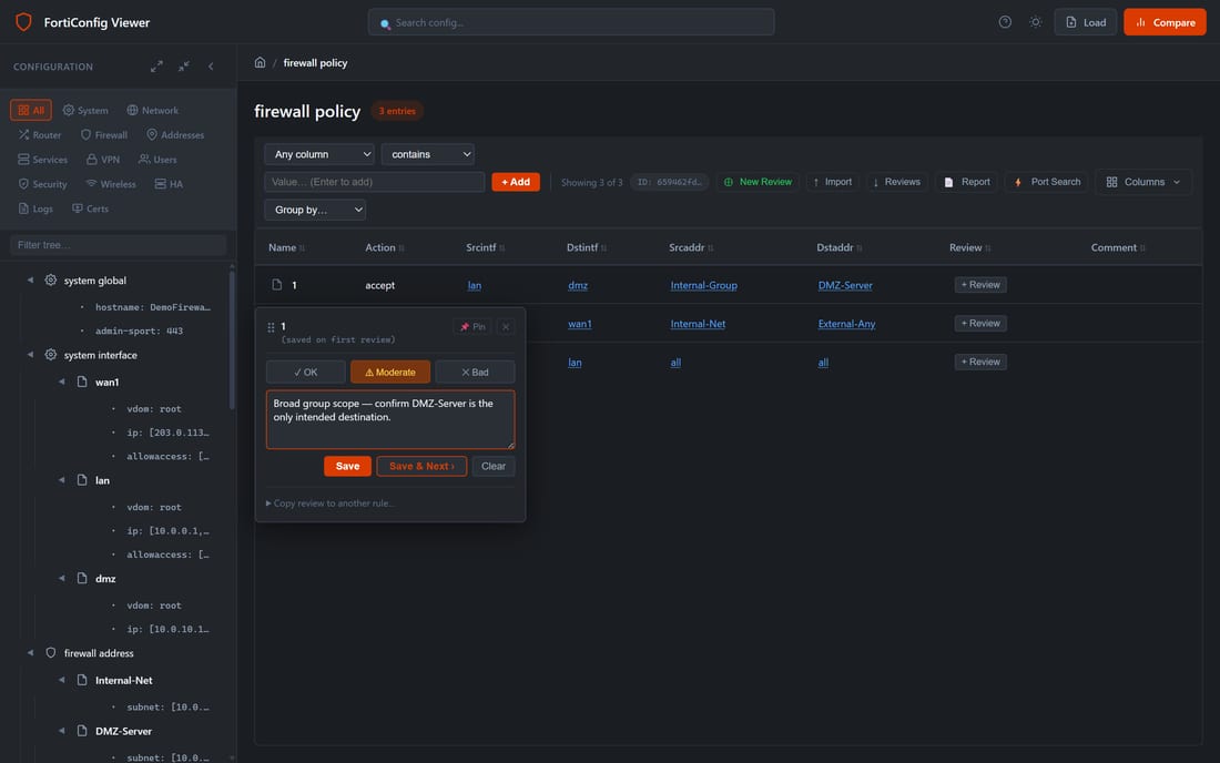 Review popover for a firewall policy rule with OK, Moderate and Bad status options, a comment box, and Save and Next buttons