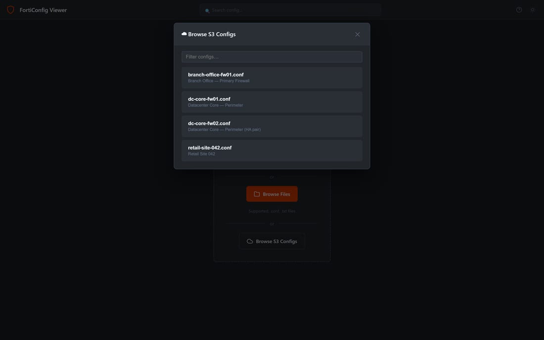 Browse S3 Configs modal listing branch office and datacentre firewall configs with a filter box