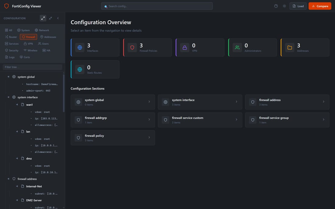 Sidebar tree navigation with category tabs, a text filter, and an expanded configuration tree