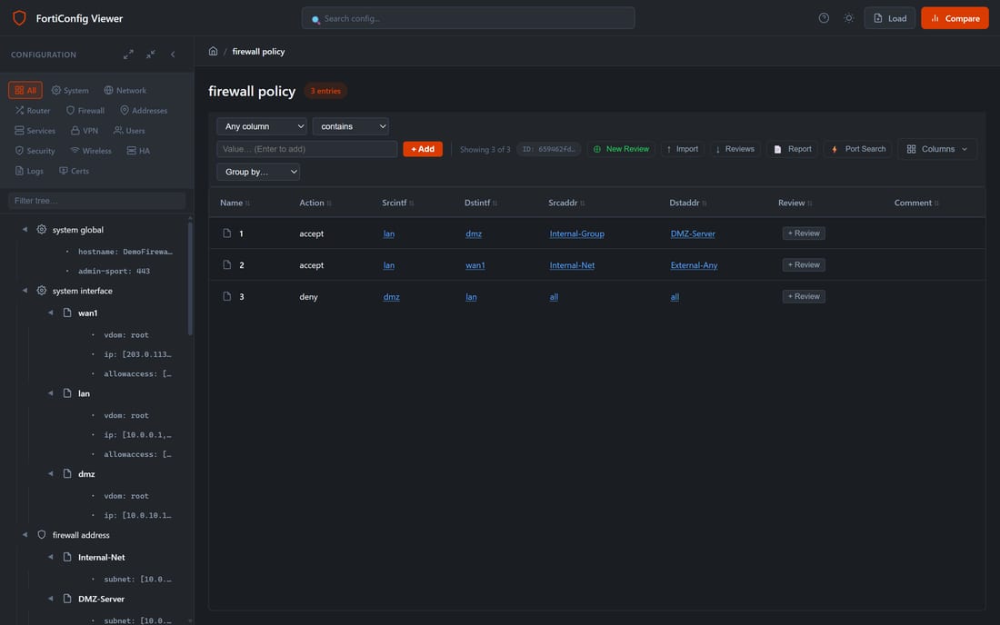 Firewall policy table with a filter bar, sortable columns, and Review and Comment columns