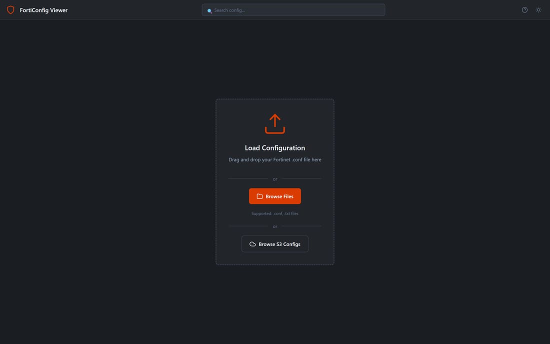 Upload screen with drag and drop, Browse Files, and Browse S3 Configs options