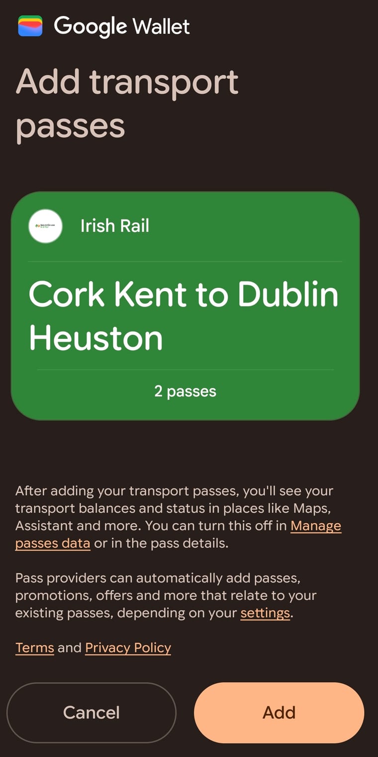 Google Wallet's own confirmation screen adding the Irish Rail transport pass