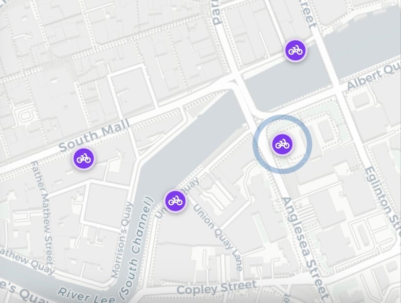 Map of regional Bikeshare stations along the River Lee in Cork
