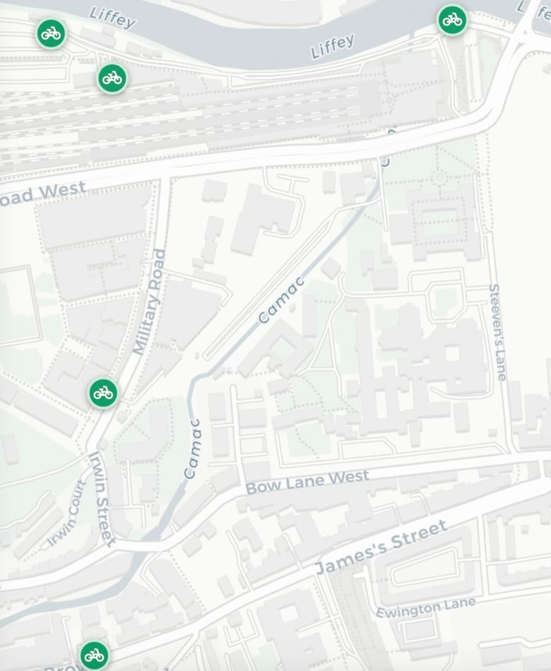 Map of Dublin Bikes stations along the Liffey near Heuston