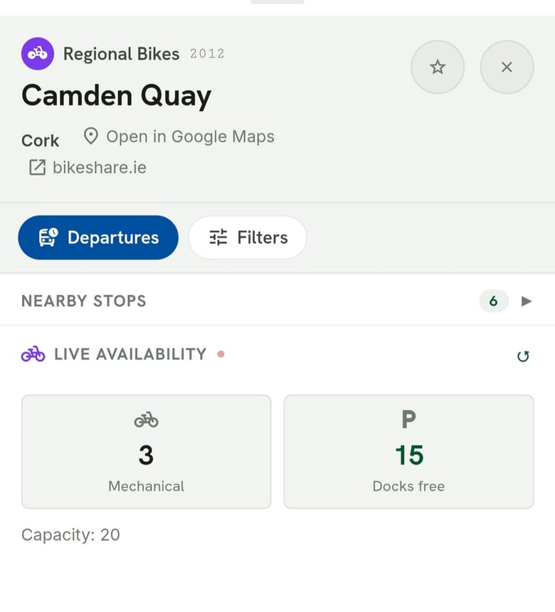 Regional Bikes station panel for Camden Quay, Cork, showing live mechanical bike and dock availability