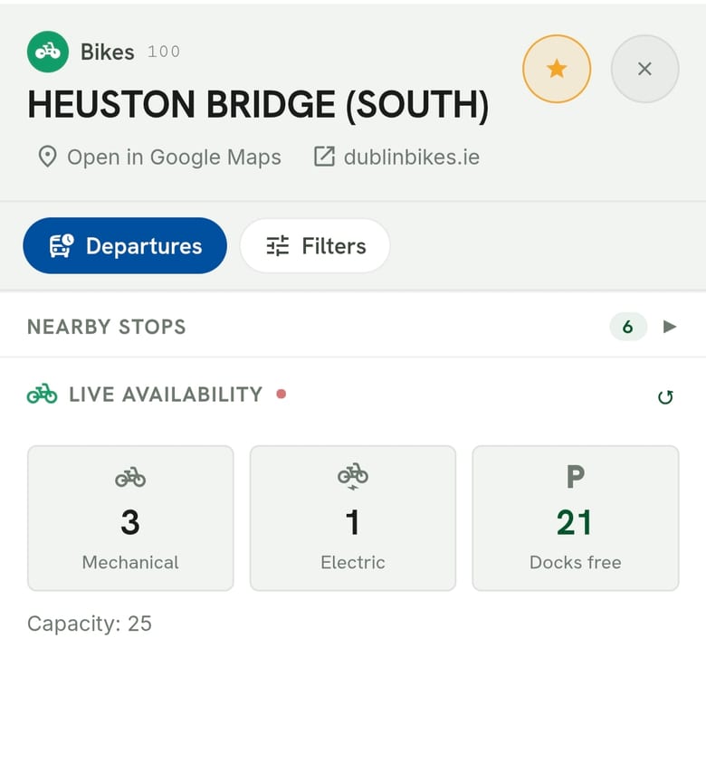 Dublin Bikes station panel for Heuston Bridge South, showing live mechanical, electric and dock availability