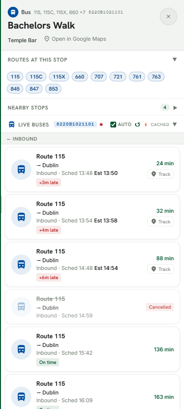 Bus departure board with live Track buttons and a cancelled service flagged
