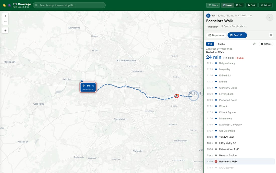A tracked bus on the map with its road-following route line and full stop timeline
