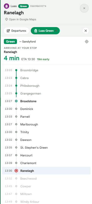 Luas trip view showing the full stop list for a tram, themed to its line colour