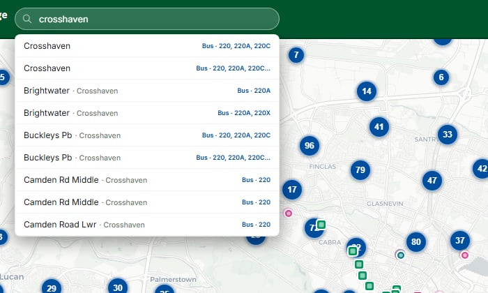 Unified search matching a town name across rail, Luas and bus