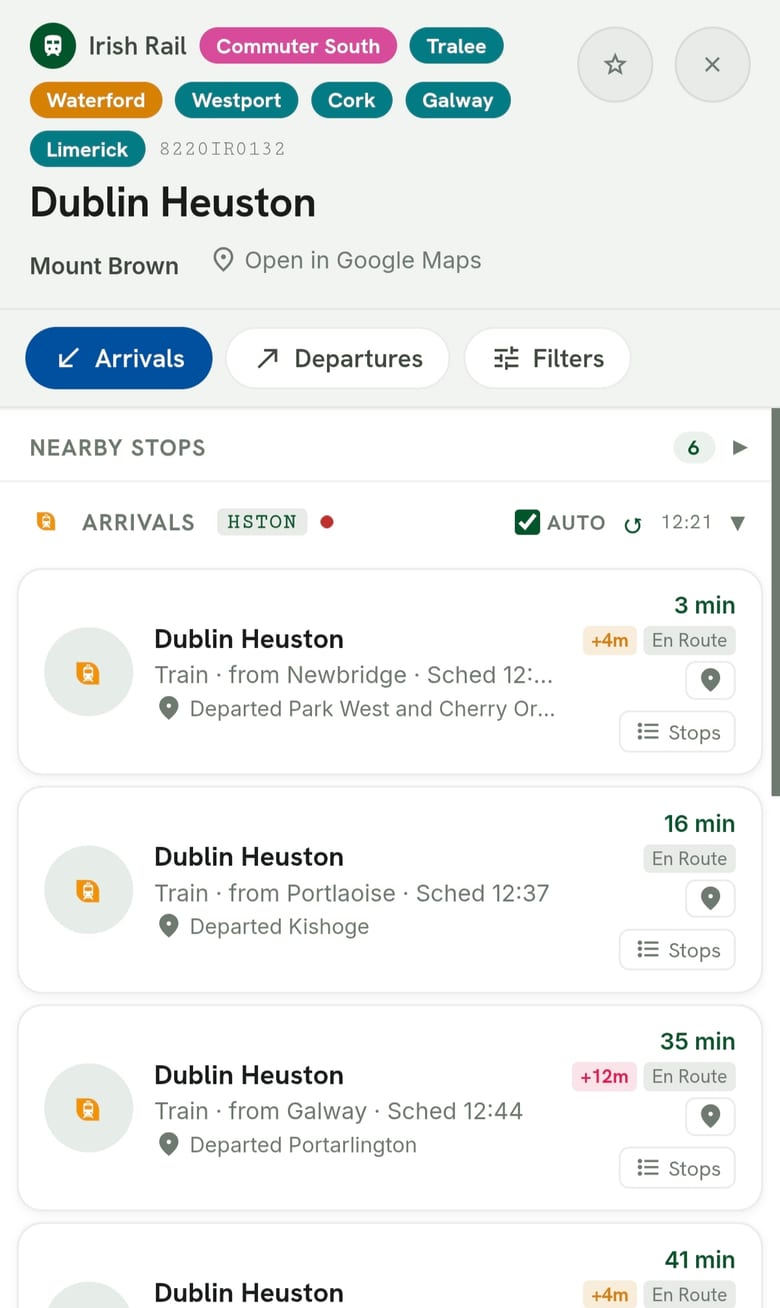 Dublin Heuston Arrivals board showing incoming trains from Newbridge, Portlaoise and Galway