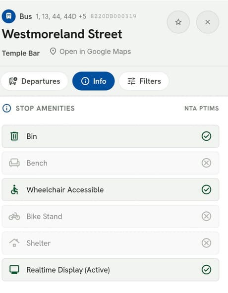 Stop amenities panel for Westmoreland Street, showing bin, wheelchair access and realtime display available, but no bench, bike stand or shelter