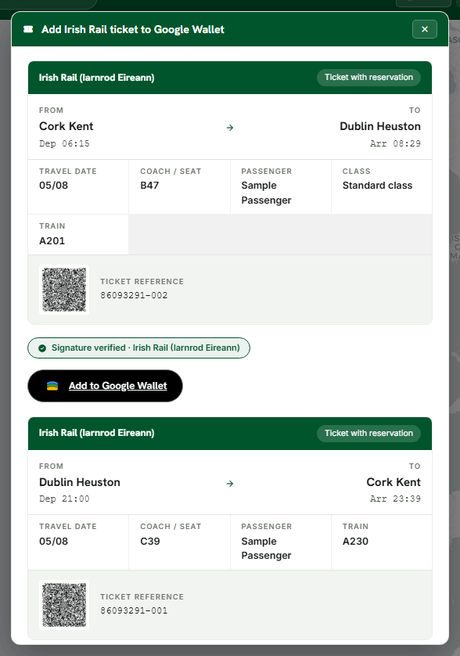 Decoded Irish Rail ticket cards with signature verified badges and Add to Google Wallet buttons